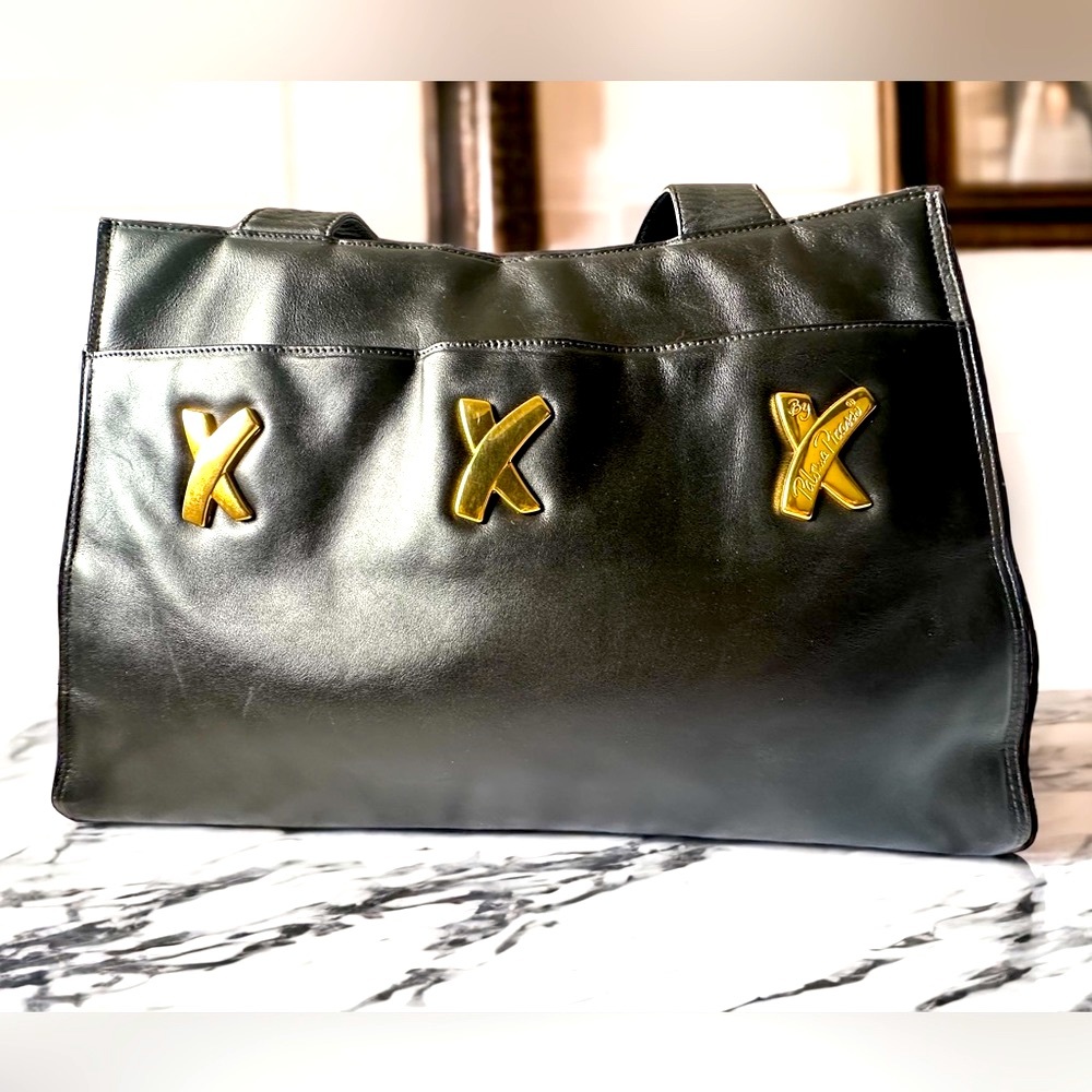By Paloma Picasso Italian Leather Black Tote Bag.